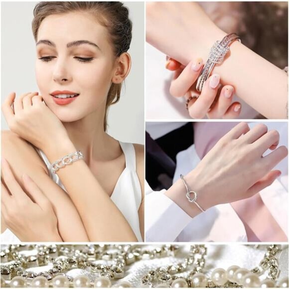 Stylish Silver Bracelet and Bangle Set – Multi-Layered Chain, Beaded & Cuff - Picture 2 of 8